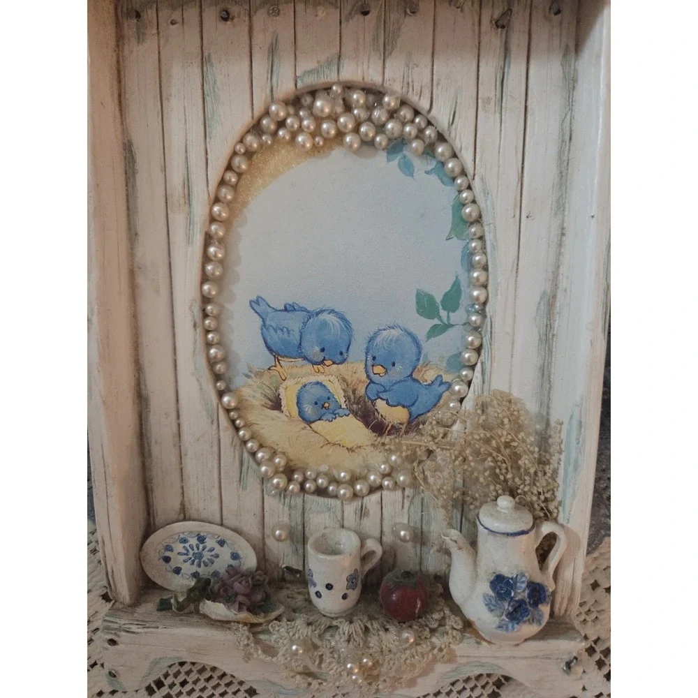 Vintage‎ Wall Art FramedPicture W Baby Blue Birds Lace Faux Pearls Cottage Cute